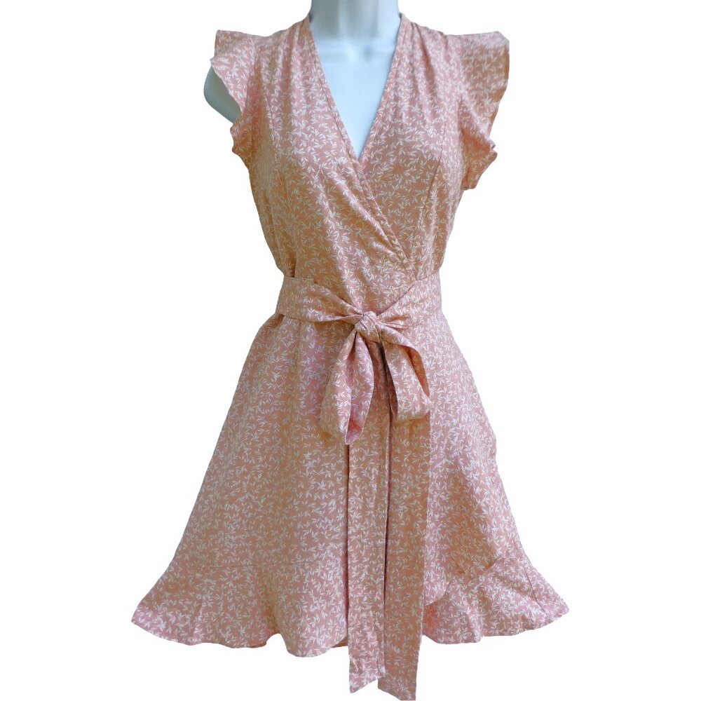 Fate Wrap Mini Botanical Linen Dress Flutter Sleeves Ruffle Hem Long Self Tie S